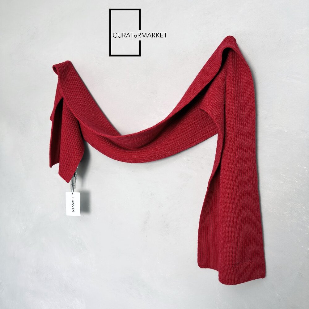Lanvin: Iconic Embroidered Text Logo Knitted Wool Luxury Scarf FW26 - Picture 4 of 7